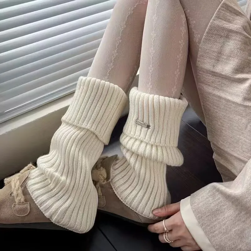 Autumn and Winter Leg Warmers Japanese Metal Label Socks Female Knitted Warm Foot Cover White Black Y2K Stockings Leg Warmers image 3