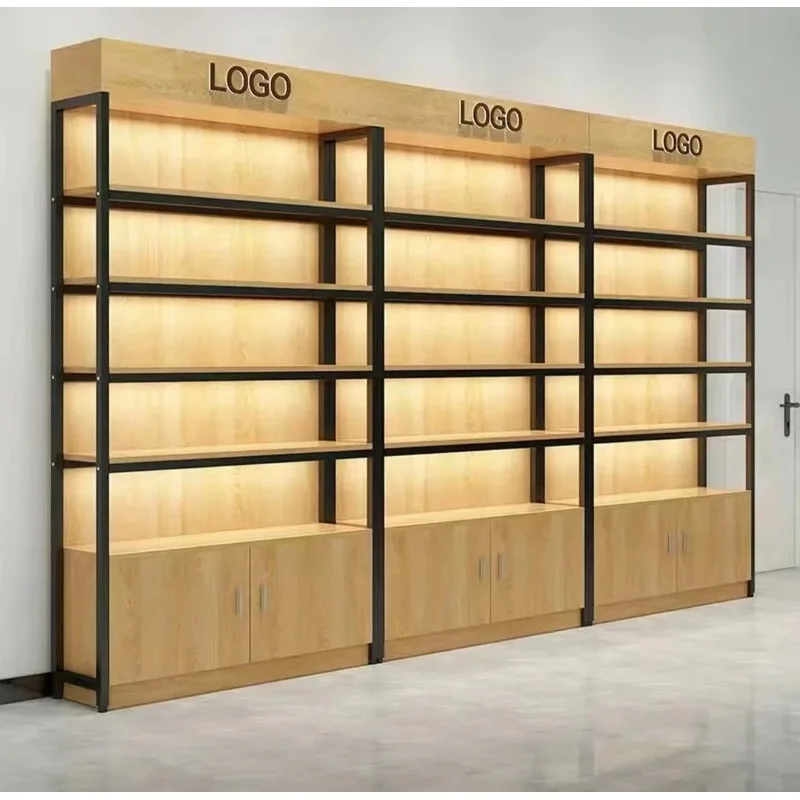custom.Metal Wood Shop Display Stand Multi-layer Shop Shelf Perfume Display Flat Pack Display Cabinet with LED Lighting
