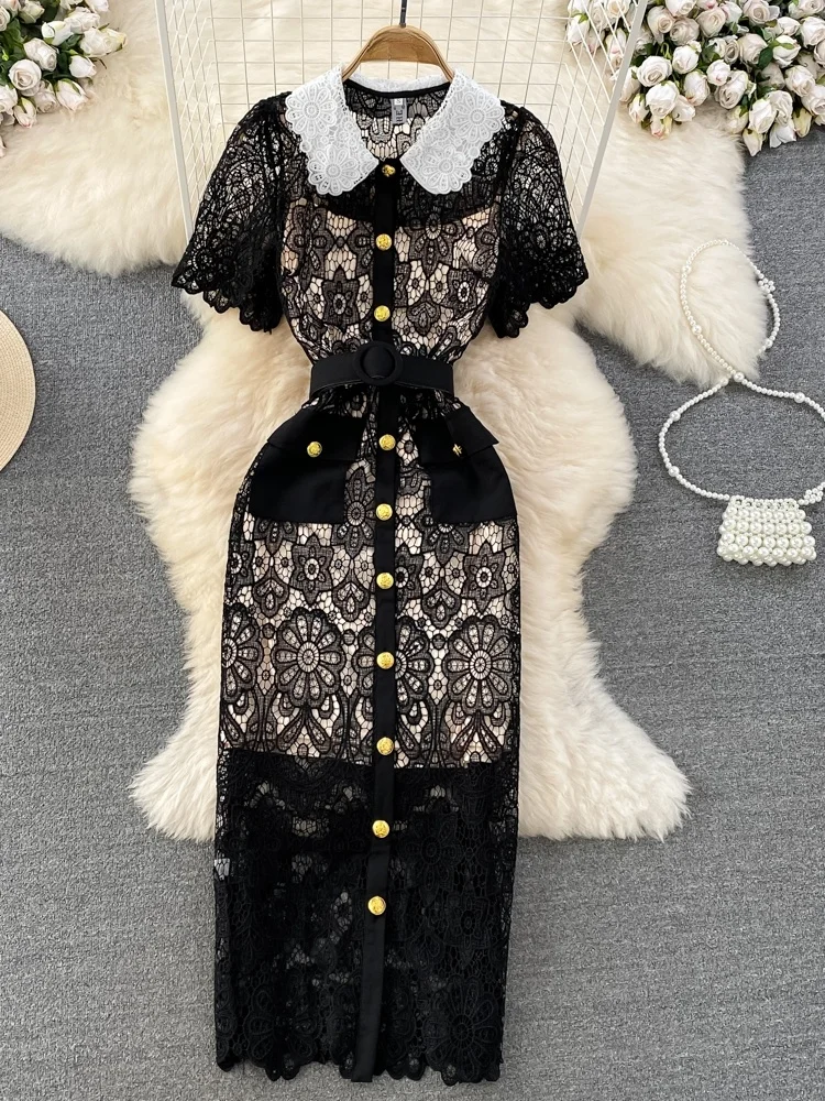 Ele ort Sve Doll Collar Slimming Hollow out Lace Dr High Waist Korean Sle Commute Pure Color Summer Midi Dr