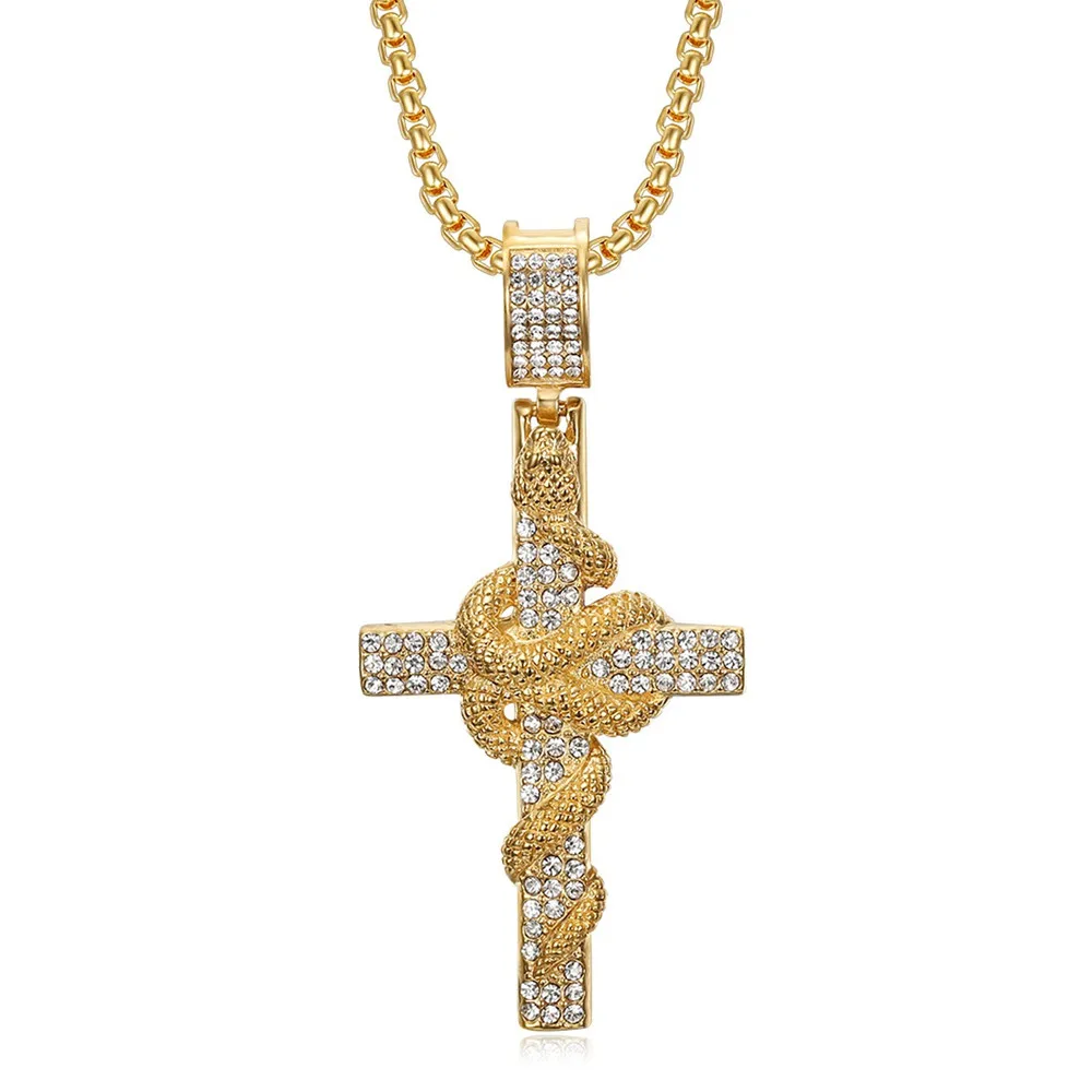 

Snake Pattern Carved Stainless Steel Cross Pendant Necklaces for Men All Sparkling Zircon Diamonds Jewelry Trendy Cool Accessory