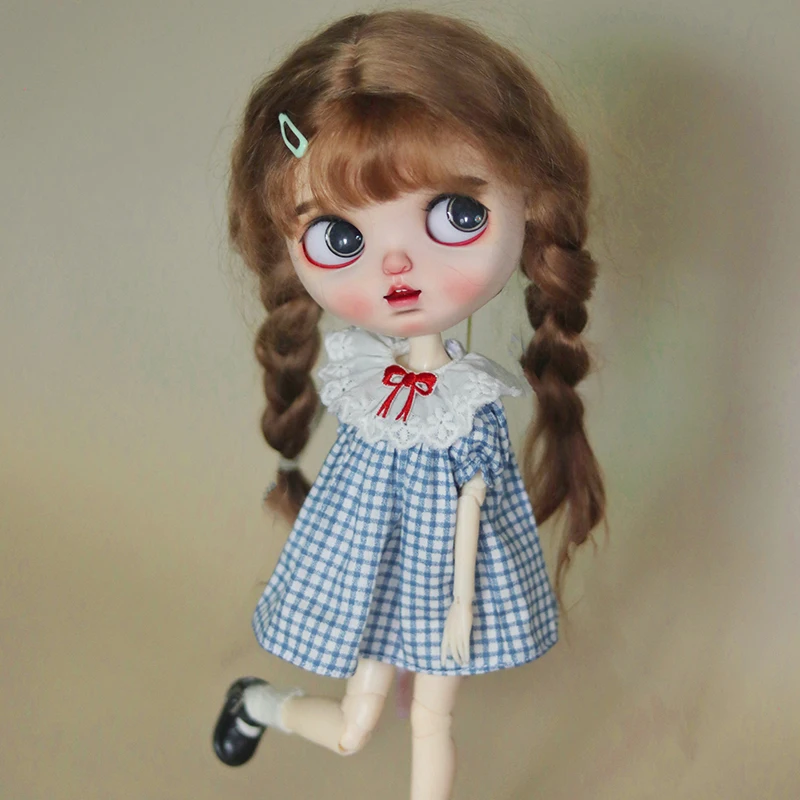 1Pcs Blythe and 1/6 Bjd Doll Puffy Dress Cute Collar Short Sleeve Plaid Skirt for Blyth Licca Pullip Dolls Clothes Accessories