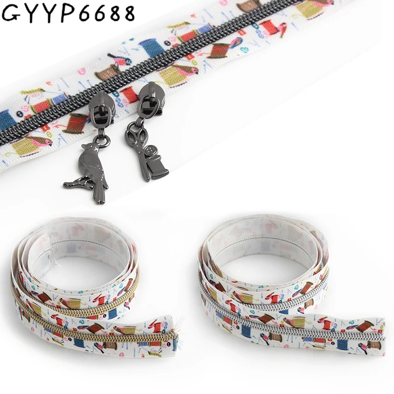 10-50-100Yards 32mm 5# Nylon Sewing Thread Bird Printed Colorful Zippers Tape For Webbing Bags Clothing With Puller Accessories