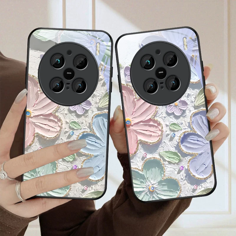 Cream Garden Flower Realm For vivo X100 X70 X90 Pro+ X80 X200 Promini V29 V23 V30 V25 V40SE V21 V25E V23e Black Glass Phone Case view 5