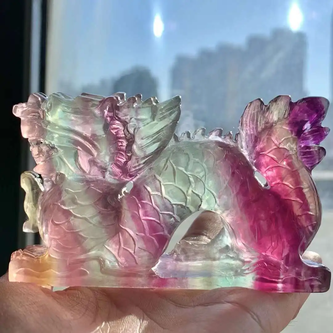 10cm Large Stone Carving Natural Fluorite Candy Color Mineral Rock Made Chinese Dragon Statue Sacred Chinese Traditional Culture