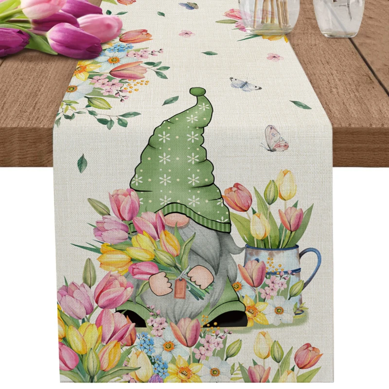 Spring Tulip Flowers Gnome Butterfly Table Runners Wedding Party Table Decorations Home Decor Gifts Gifts Placemats Tablecloths