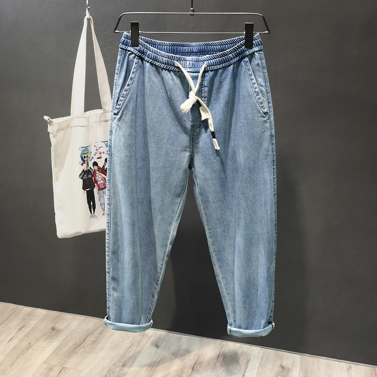 

Ice Silk Men's Jeans Nine-Piece Loose Elastic Waist Thin Sport Casual Pants Harlan Sle Summer Cool Feeling Casual Jeans