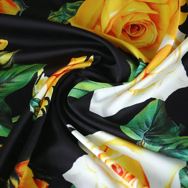 Rose Print Polyester Stretch Satin Fabric Brand Fashion Design Soft Gloss Fabrics Cloth for Dress by the Meter Diy Sewing