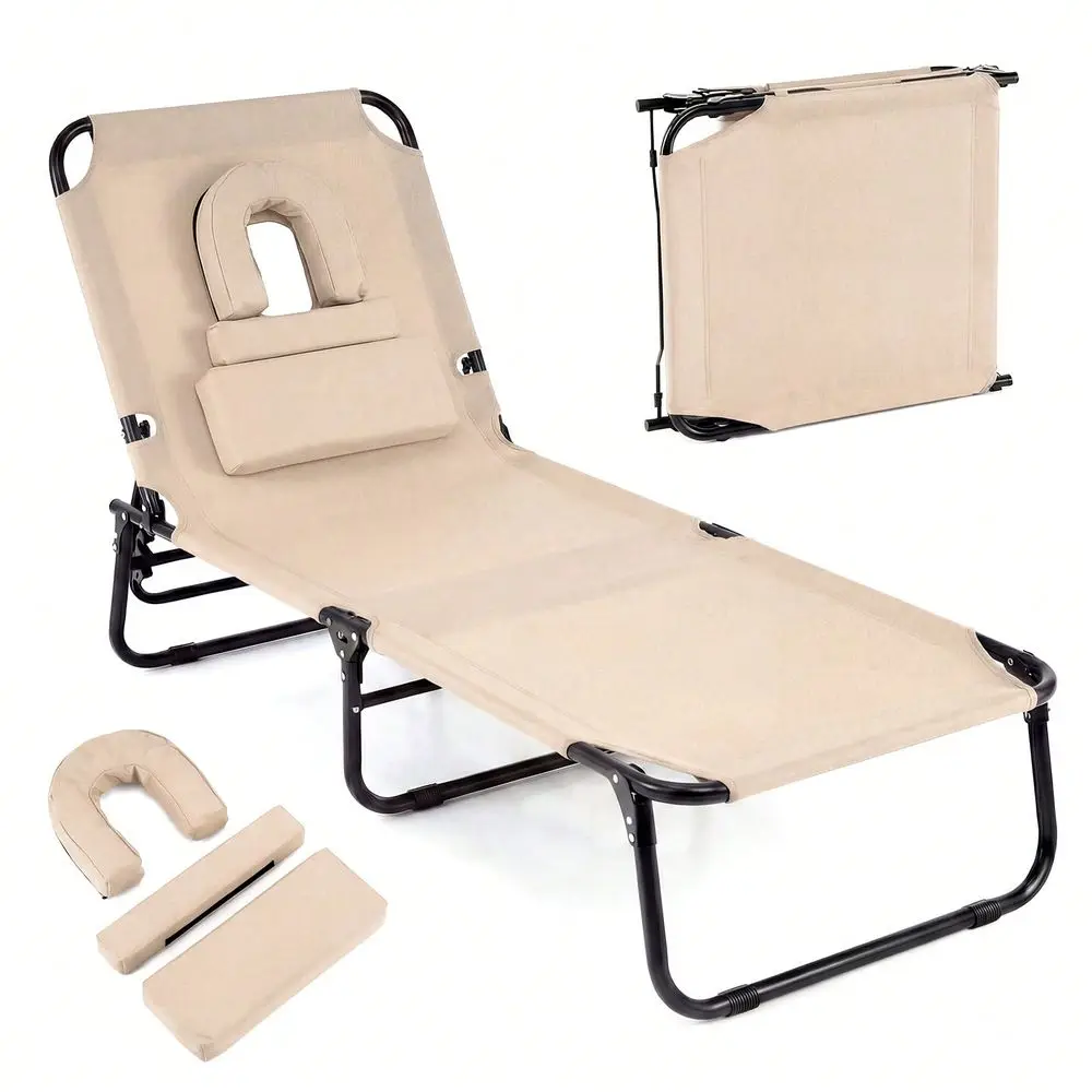 Folding Beach Sun Lounger W/Face Hole Removable Pillows 4-Position Backrest