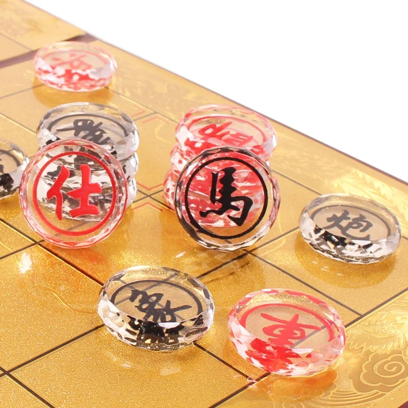 

Chinese Chess Board Game Xiangqi Glass Crystal Chess Pieces with Folding Checkerboard Chessboard Puzzle Games Gifts