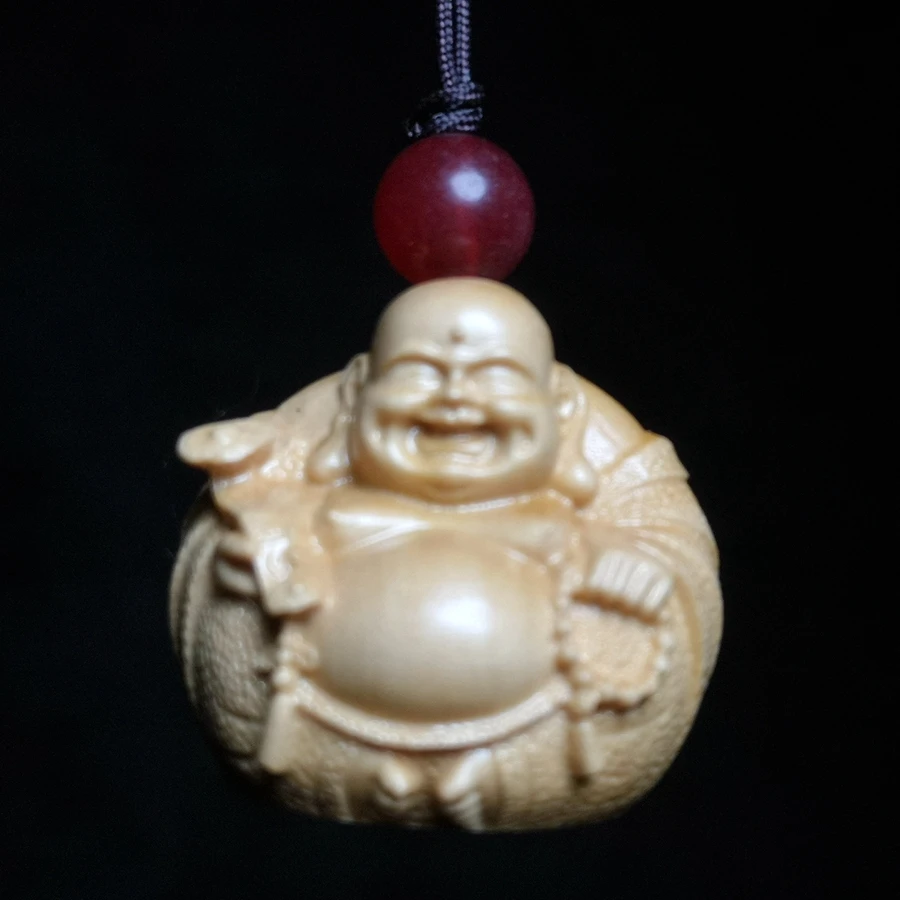 

Chinese boxwood Hand carved Happy Ruyi Maitreya Buddha Statue Amulet Haversack necklace netsuke decorated Gift