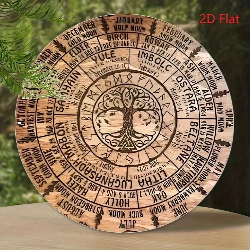 Vintage Celtic Tree of Life Wheel Calendar - Aluminum Wall Decor with Zodiac Signs Norse Pagan Holidays