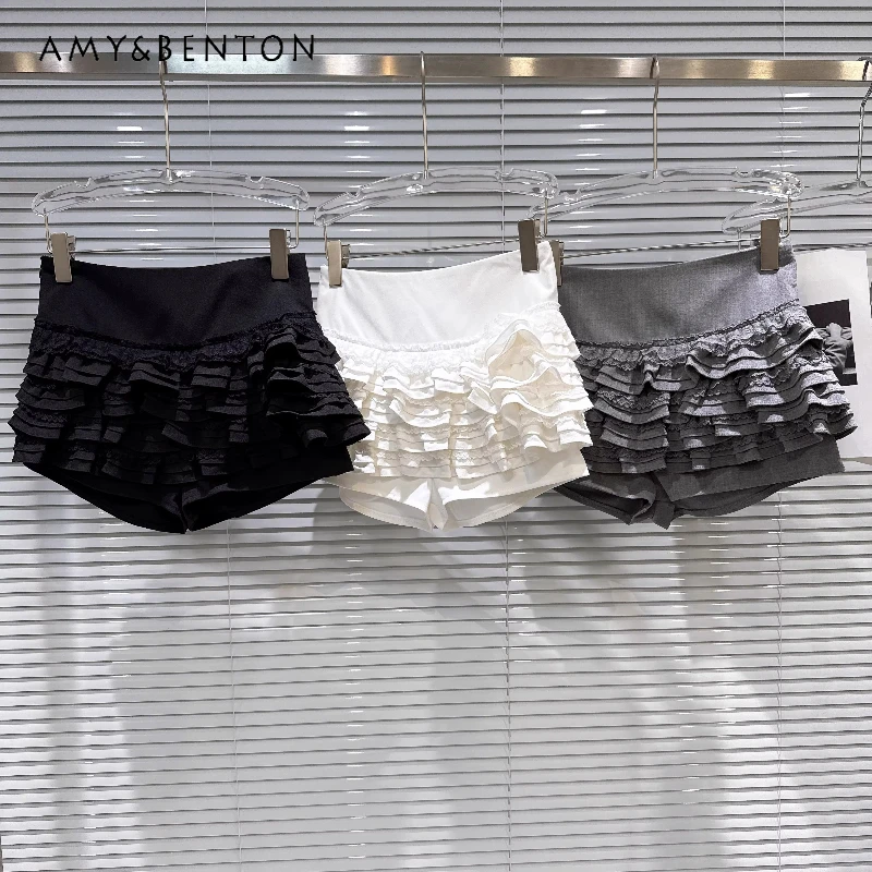 2026 Spring New Sweet Women's Short Skirt Korean Design Multi-layered Pleated Lace Splicing Versatile High-Waisted Skirts Ladies