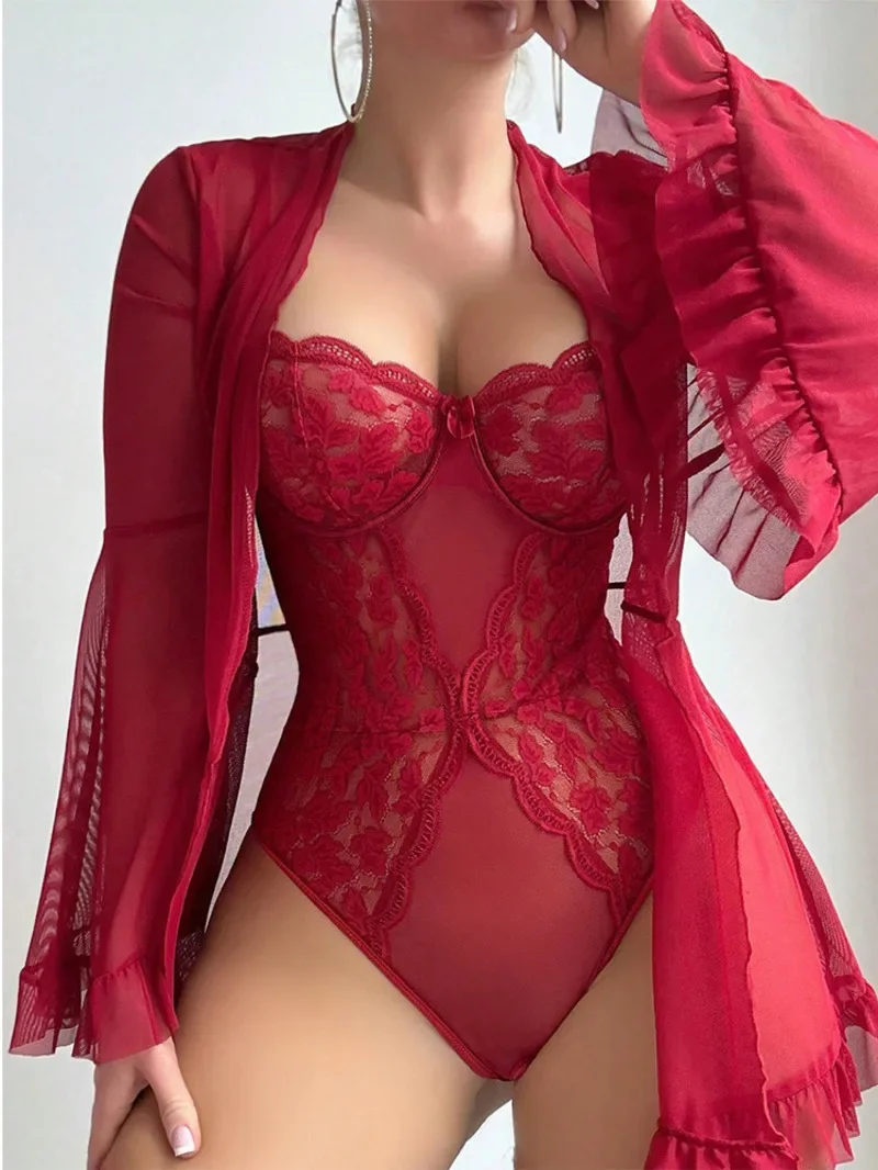 

Sexy Solid Color Transparent Flower Embroidery Bodysuits Deep V Pure Desire Charming Elegant Style Thin Bodysuits For Woman TJLQ