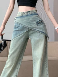 Women's Jeans High Waist Patchwork Fake 2 Pcs Loose Blue Straight Wide Leg Denim Pants 2024 Summer New Fashion