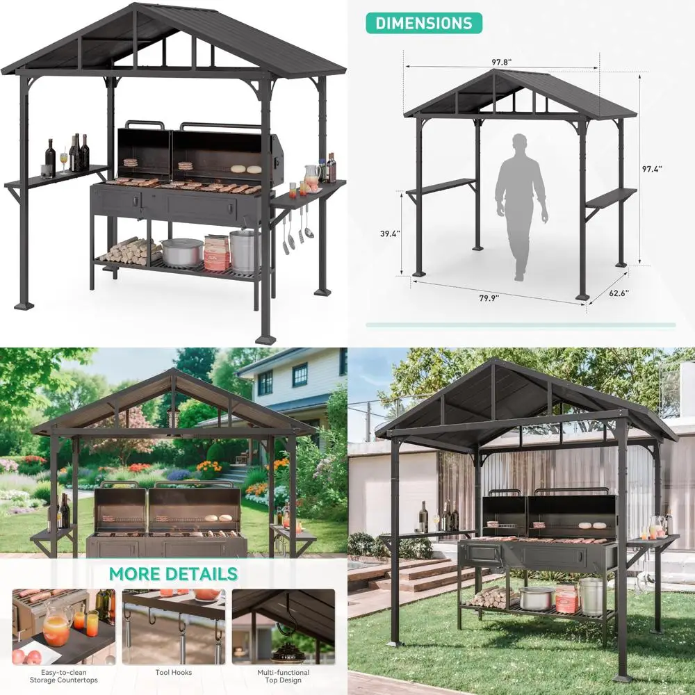 

8' x 5' hardtop bbq outdoor gazebo,waterproof sloping roof, bar with tool hooks, smoke-venting iron canopy for patio, yard,gard