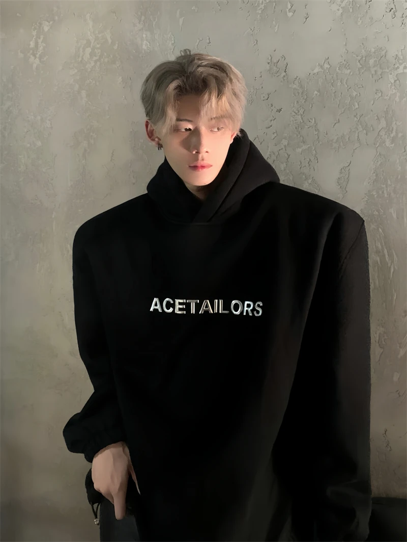 AETS Original Men's Fleece Lined Hoodie Shoulder Pad High Street Style Loose Fit Autumn Winter Casual Wear Cotton Polyester