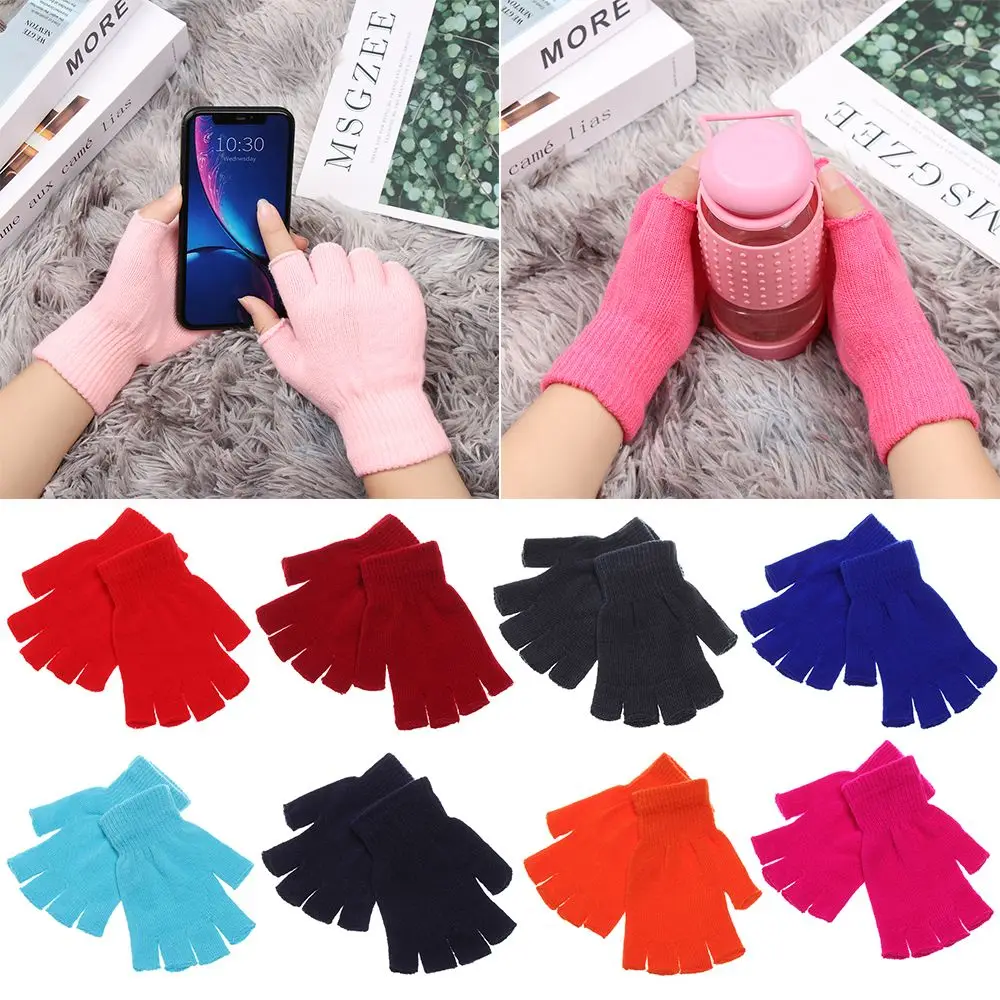 Hot Sale Candy Color Keep Finger Warm Short Knitted Gloves Thick Warm Half Finger Mittens