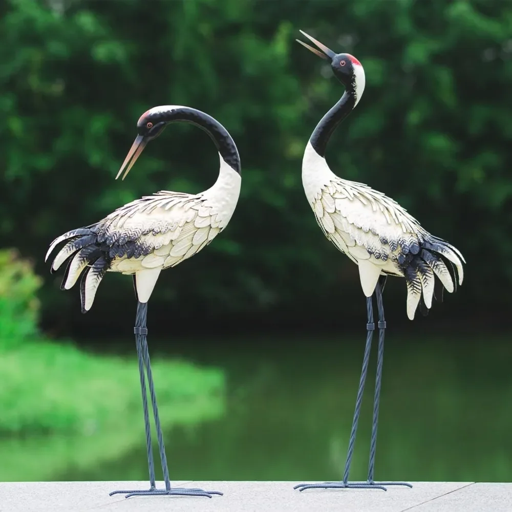 Garden Crane Statues Outdoor Heron Red Crowned Crane Metal Yard Art Sculpture Decoration Home Decor Set of 2 Statue Decorations