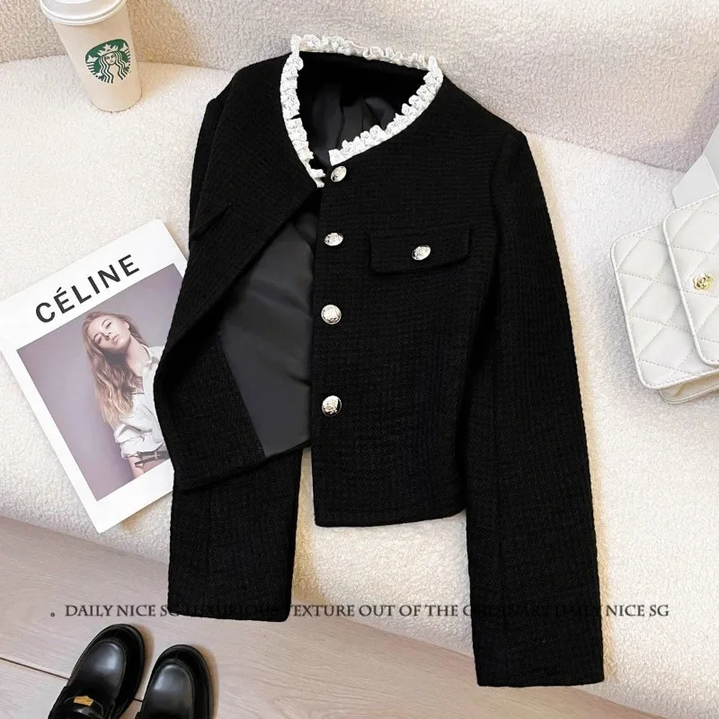 2025 New Stand-up Collar Black Lace Blazer Fragrant Spring and Autumn Rich Elegant Temperament Thousand Gold Top Women