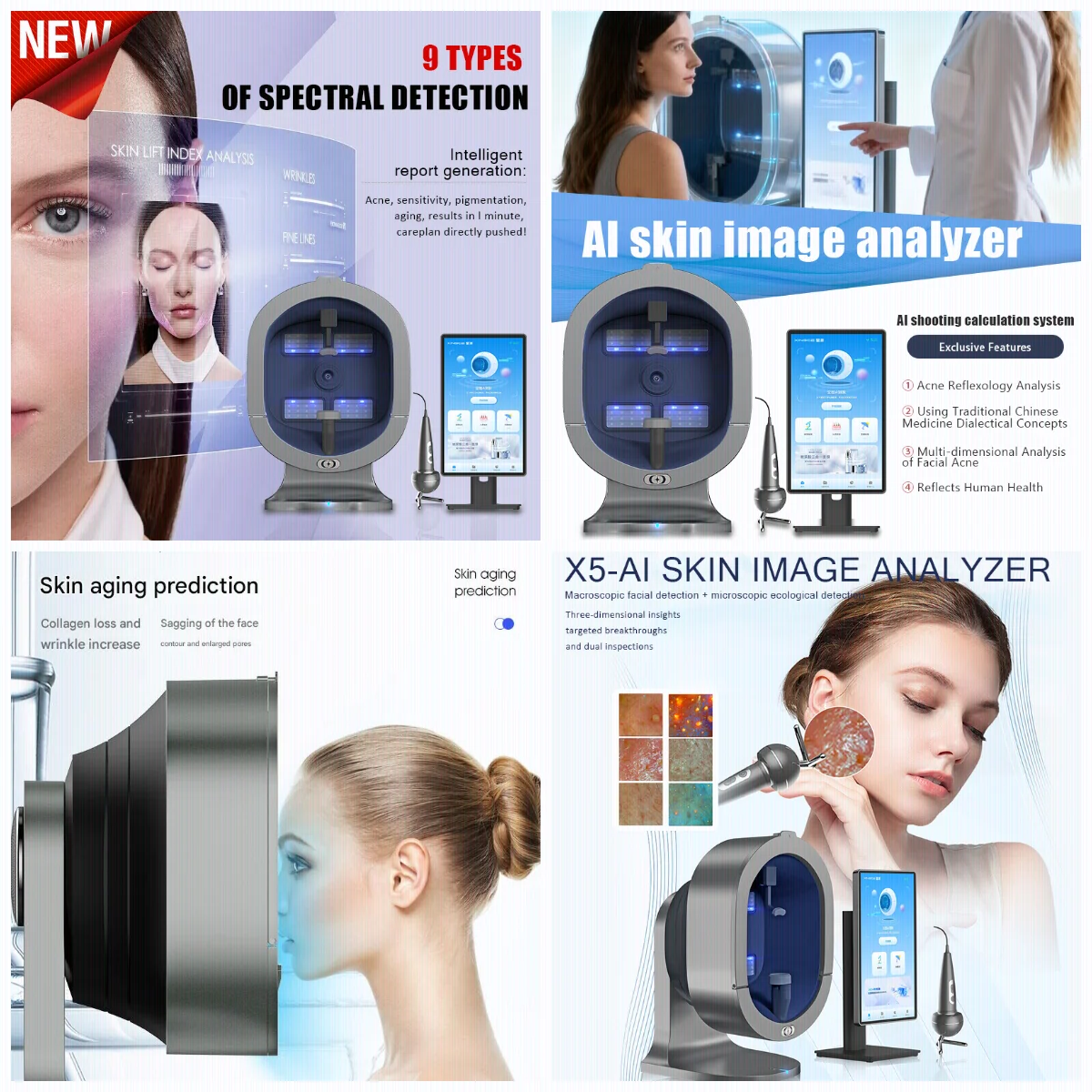 New X5‑AI Skin Analyzer,Multi‑Spectral Facial Detector,Skin Aging PredictionDual‑Macro‑Micro Test,Report Device For Beauty Salon