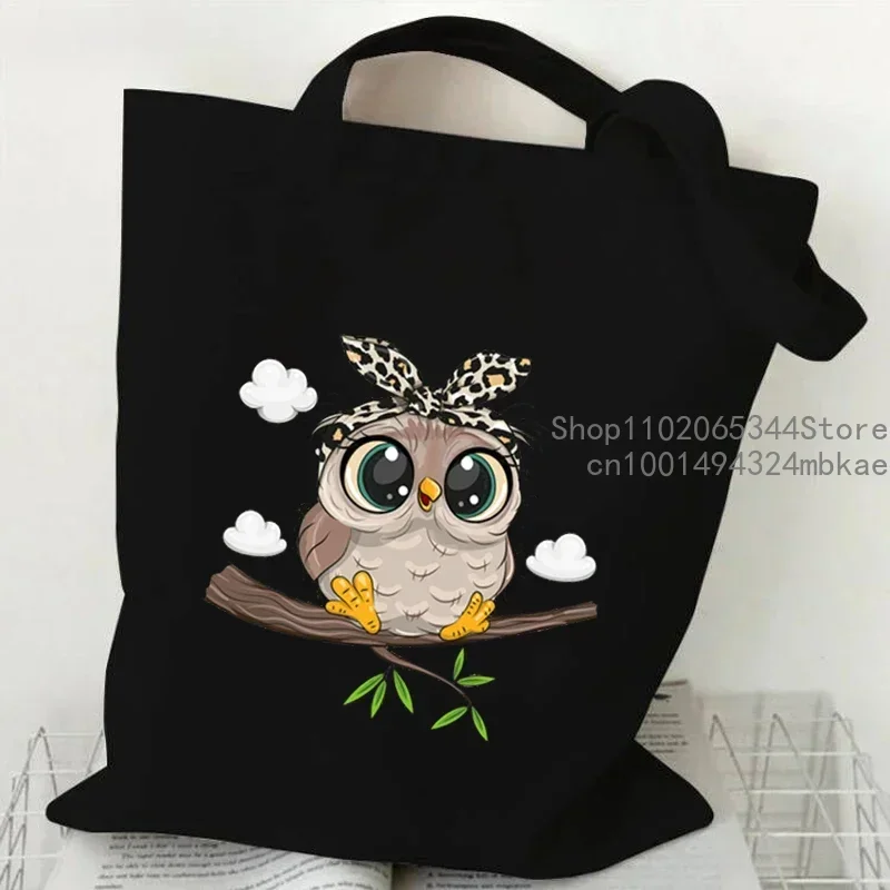 Cartoon Owl  Hand-painted Print Women Handbag Fashion Tote Bag High-capacity Reusable Shopping Bag Kawaii Animal Lady Canvas Bag