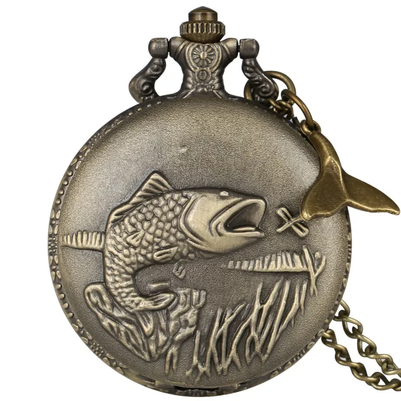 Steampunk Fish Design Full Hunter Quartz Pocket Watch for Men Women Sweater Necklace Chain Pendant Fish Tail Full Hunter Clock