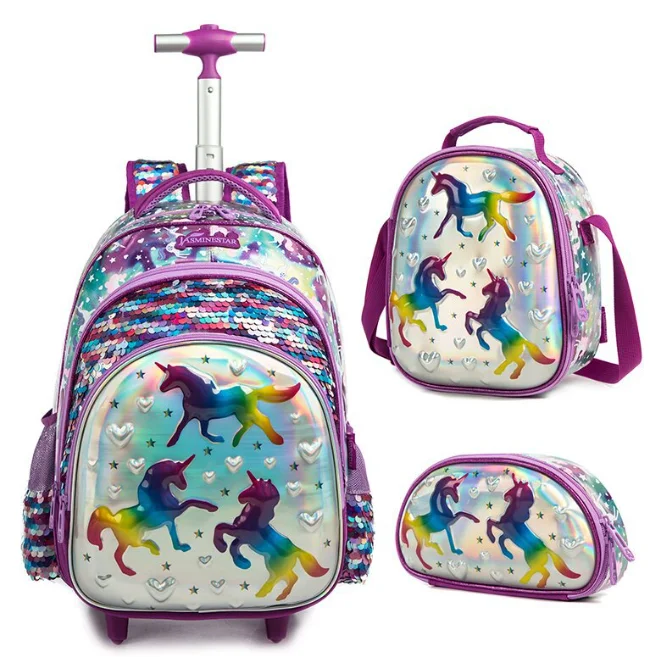 School Trolley Bags Kids Rolling Luggage Wheeled Backpack School Rolling Backpack 3 pcs set for girls Wheeled Backpack for girls