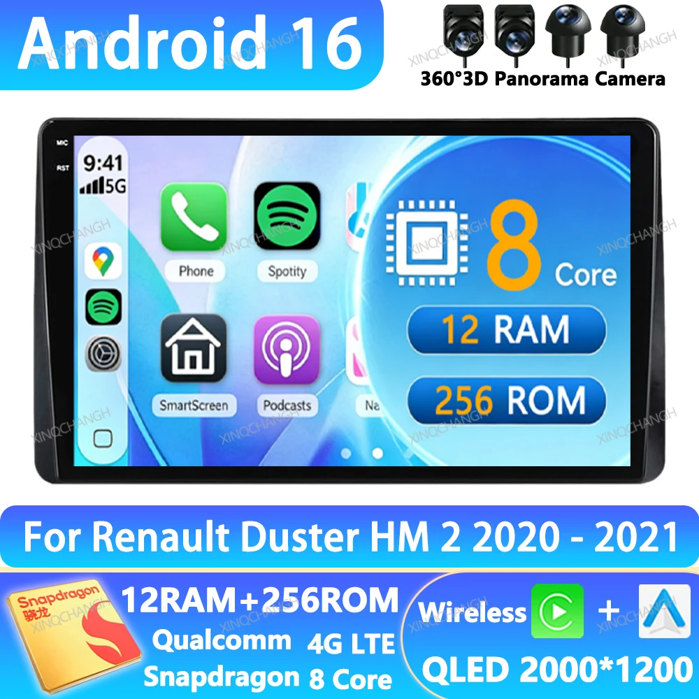 Android 16 Car Radio For Renault Duster HM 2 II 2020 - 2021 Qualcomm Multimedia Video Player 2DIN BT Navigation QLED Head Unit