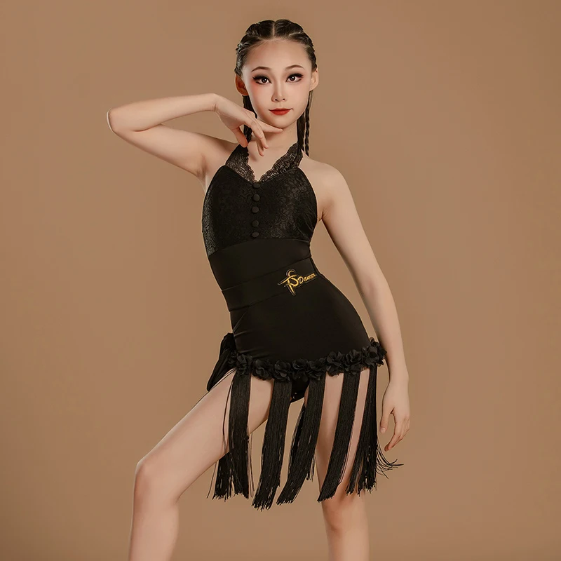 

Kids Latin Dance Clothes Girls Black Lace Fringe Dress Summer Cha Cha Dance Dress Competition Clothing Practice Dress BL15381
