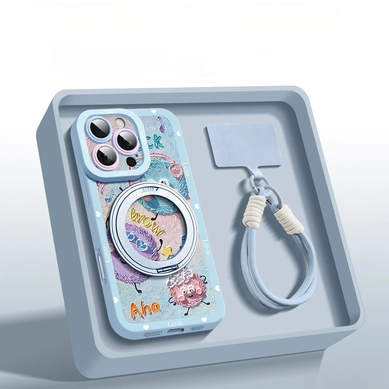 

Magnetic Silicone Phone Anti Drop Protective Case with Anti Drop Rope Rotating Bracket Suitable for IPhone 15puls 16promax