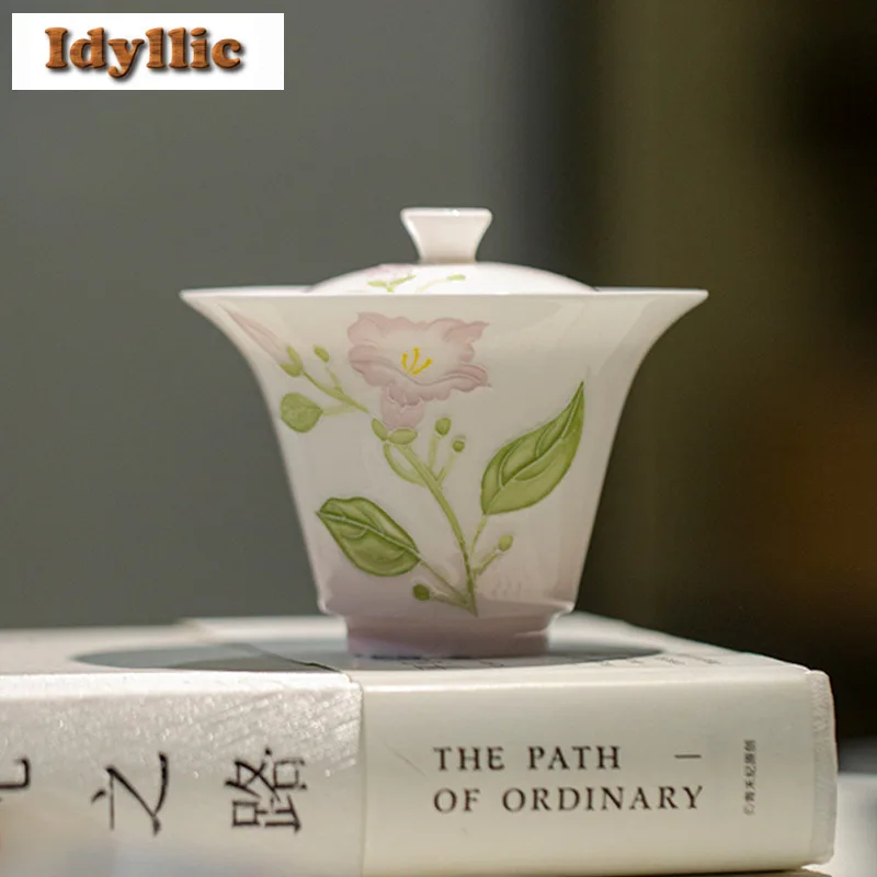 

120ml Hand-painted Purple Flower Gaiwan Japanese Tea Tureen Tea Bowl With Lid Kit Tea Making Cover Bowl Teaset Ornaments Craft