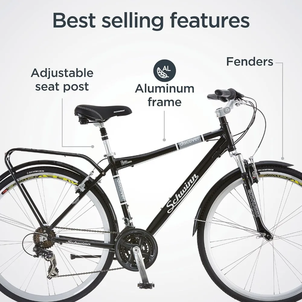 Discover Adult Hybrid Bike for Men and Women, 700c Wheels, 21-Speeds, Step-Through or Step-Over Frame, Front