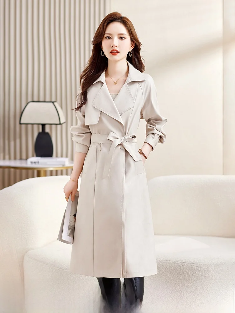 

Genuine Leather eepskin Coat Women's over Knee Mid-Length Loose Spring Autumn Sli Haifeng Belted Slimming Jaet New Model