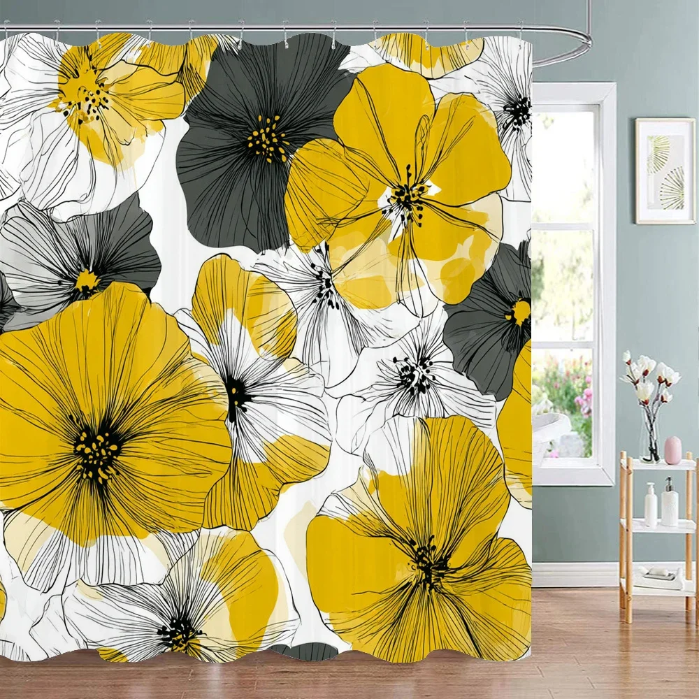 Beautiful Floral Printing Fabric Shower Curtain, Bathroom Decorative Shower Curtain, Waterproof Shower Curtain with Hooks