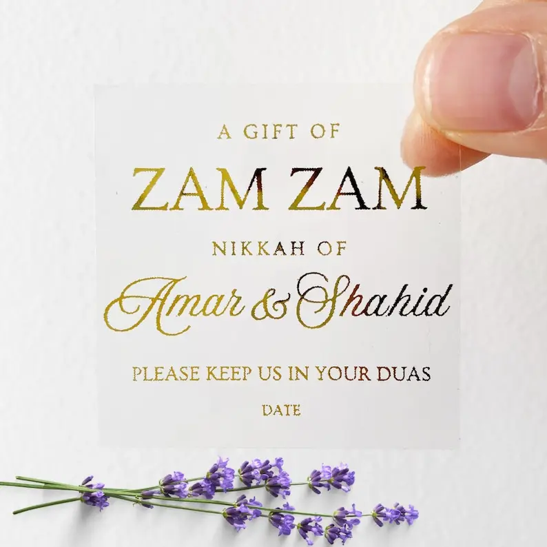

Zam Zam Stickers for Wedding Favors, Zam Zam water labels, custom name, clear gold foil