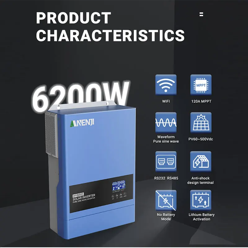 6200 واط 48 فولت عاكس للطاقة الشمسية الهجين 120 فولت التيار المتناوب موجة جيبية نقية واي فاي MPPT LiFePO4 دعم (العاكس هوجبريدو/إنفيرسور) عملية خالية من البطارية