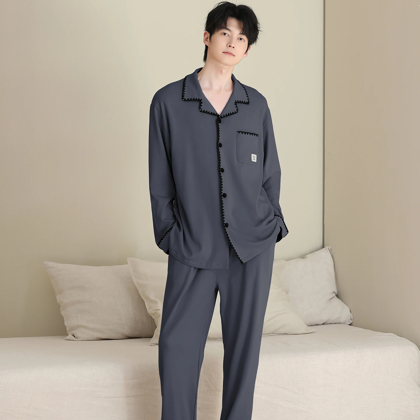 Spring Men's 100% Cotton Pajamas Long Sleeve Sleepwear Solid Pajama Sets Casual Cardigan Sleep&Lounge Pyjamas Pijamas Hombre