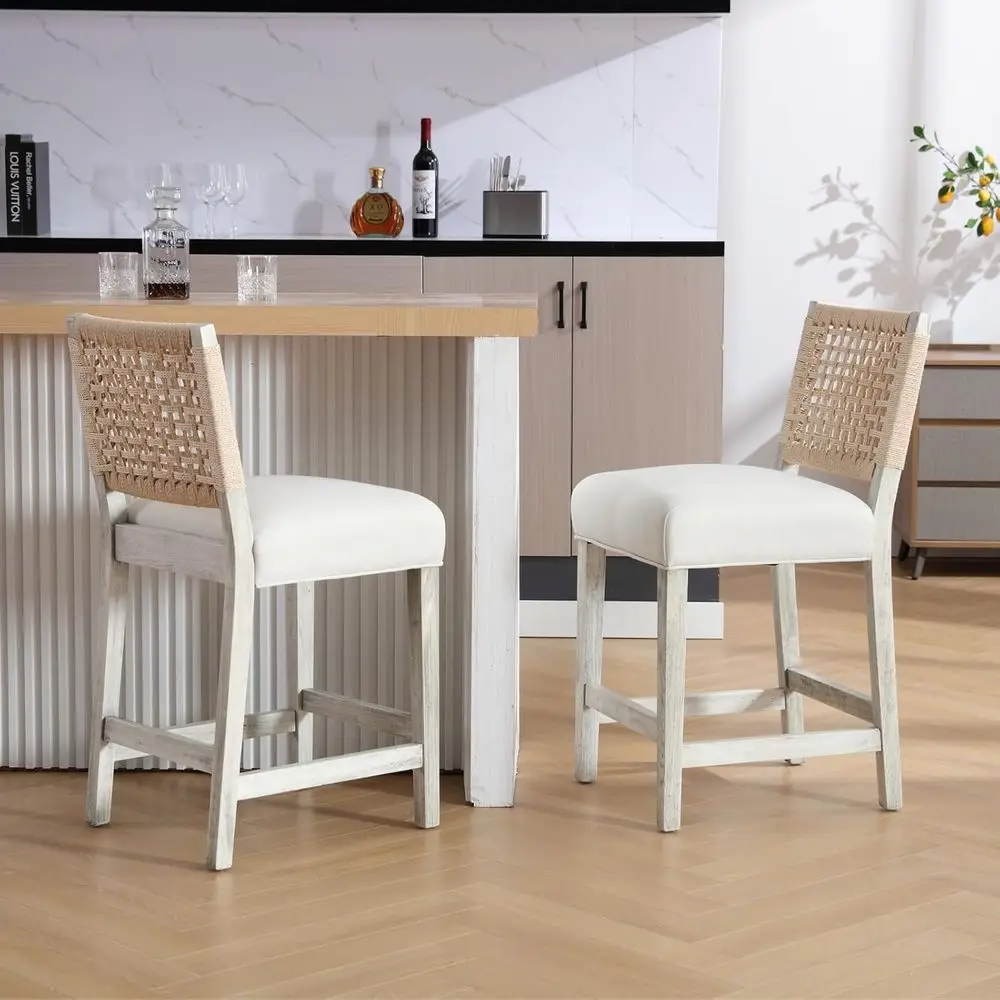 Set of 2 White Boho Linen Fabric Counter Height Stools with Woven Rope Back for Kitchen Island and Patio