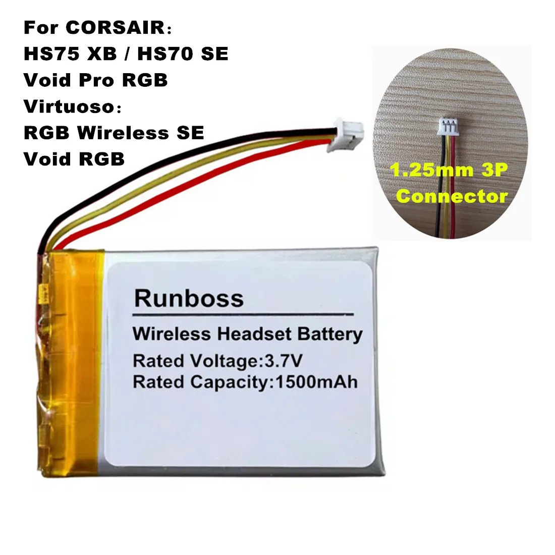 Wireless Headset 1500mAh AEC524050 Battery For CORSAIR HS75 XB, HS70 SE ,Void Pro RGB, Virtuoso RGB Wireless SE , Void RGB