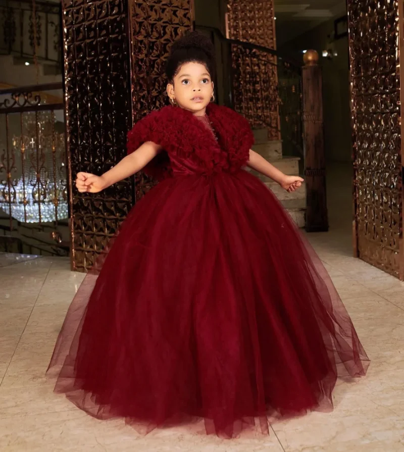 Burgundy Flower Girl Dresses V Neck Beaded Decorated Tiered Tulle Princess Gown Girls Birthday Party Dress