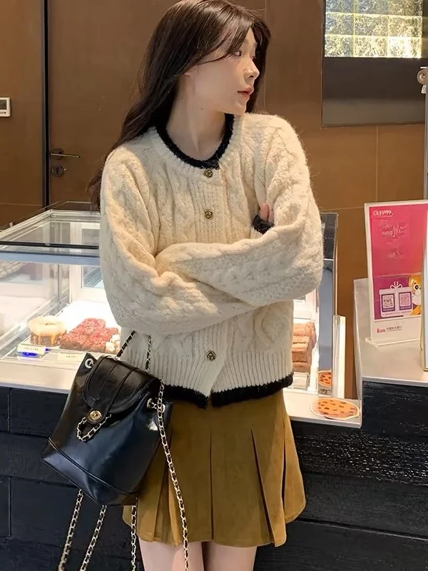 Soft Cr Knitted Open Cardigan Women's round Ne Mouton Lazy Sweater Jaet Spring Autumn Loose Fit Single Button Closure