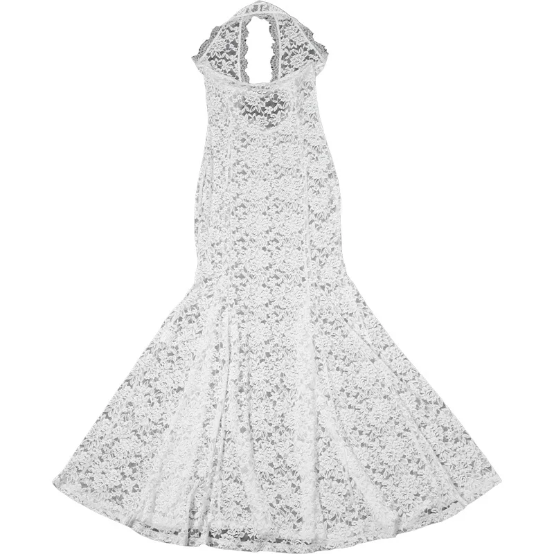Vrouwen pure mesh mouwloze maxi-jurk coquette uitgesneden halter bodycon lange jurk dames feest strand backless jurk cover-up