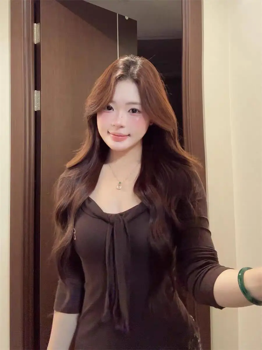 

Long Sleeved T Shirts Yellow Womens Autumn Anti-Wrinkle Slim Fit Chinoiserie Urban Commuting Feminine Soft Texture Pleated Waist