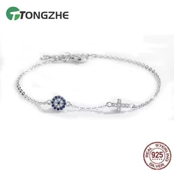 TONGZHE 925 Sterling Silver Hamsa Lucky Evil Eye Cross Bracelet Wonder Women Small Blue Cystal Stones Fine Wedding Jewelry