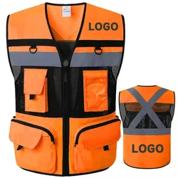Orange Workwear Vest Custom Logo and Text Hi Vis Vest Mesh Breathable Tooling Working Vest for Men Construction Work
