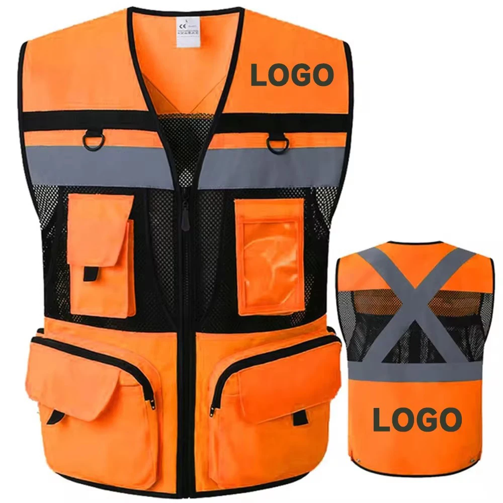 Orange Workwear Vest Custom Logo and Text Hi Vis Vest Mesh Breathable Tooling Working Vest for Men Construction Work