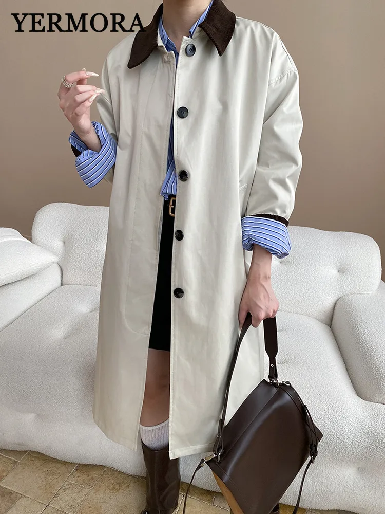 

YERMORA бежевый тренч из вельветового воротника с лацканами и длинными рукавами, новая свободная ветровка, модная весна-осень 2025