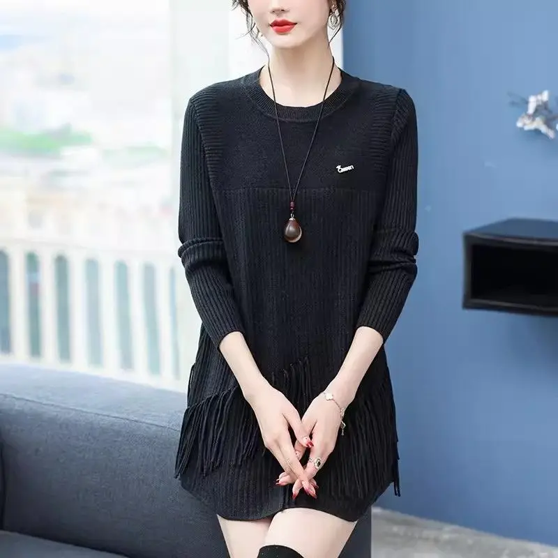 Casual Loose Fashion Tassel Sweaters Autumn Winter Basic Round Neck Women\'s Clothing Asymmetrical Long Sleeve Knitted Jumpers