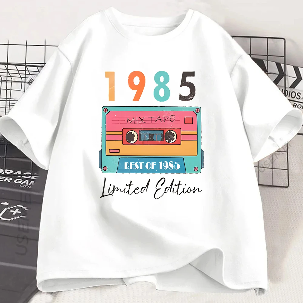 Vintage 1985 Mix Tape Graphic T-shirt Retro 80s Cassette Print Tee Summer Short Sleeve Birthday Gift Fashion Top for Women