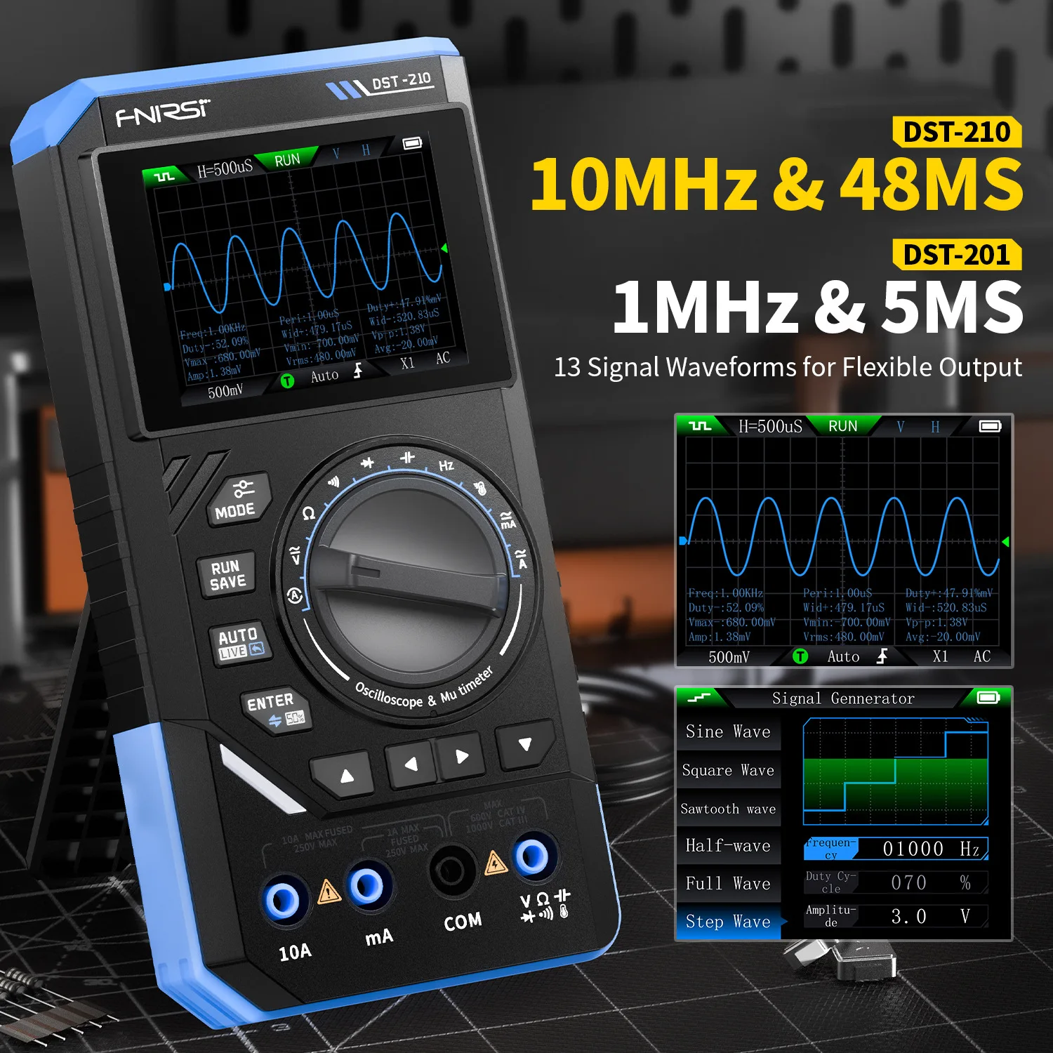 

FNIRSI DST-210 3-in-1 Handheld Digital Oscilloscope Multimeter 19999 Counts Portable Automotive Oscilloscope Electrical Tool